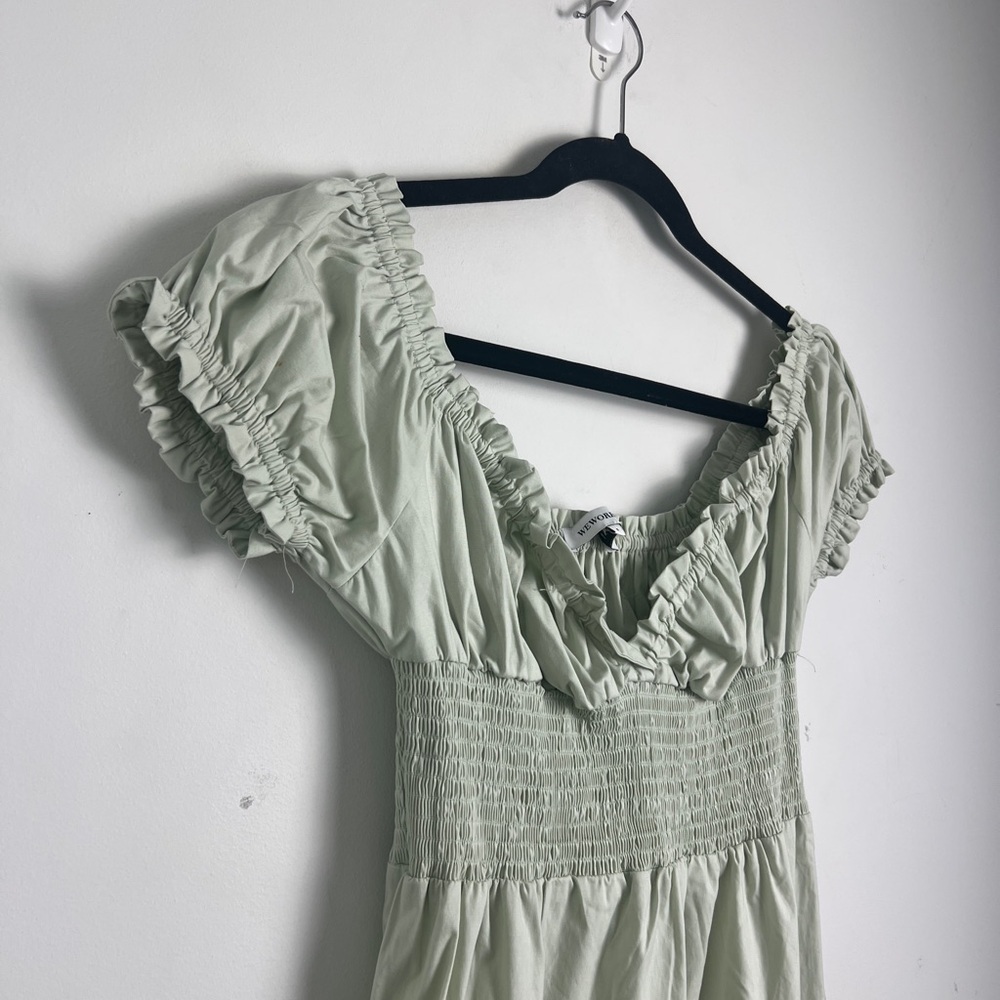 WeWoreWhat‎ Small Cotton Poplin Sage Green Puff Sleeve Smocked Midi Dress - Picture 6 of 11
